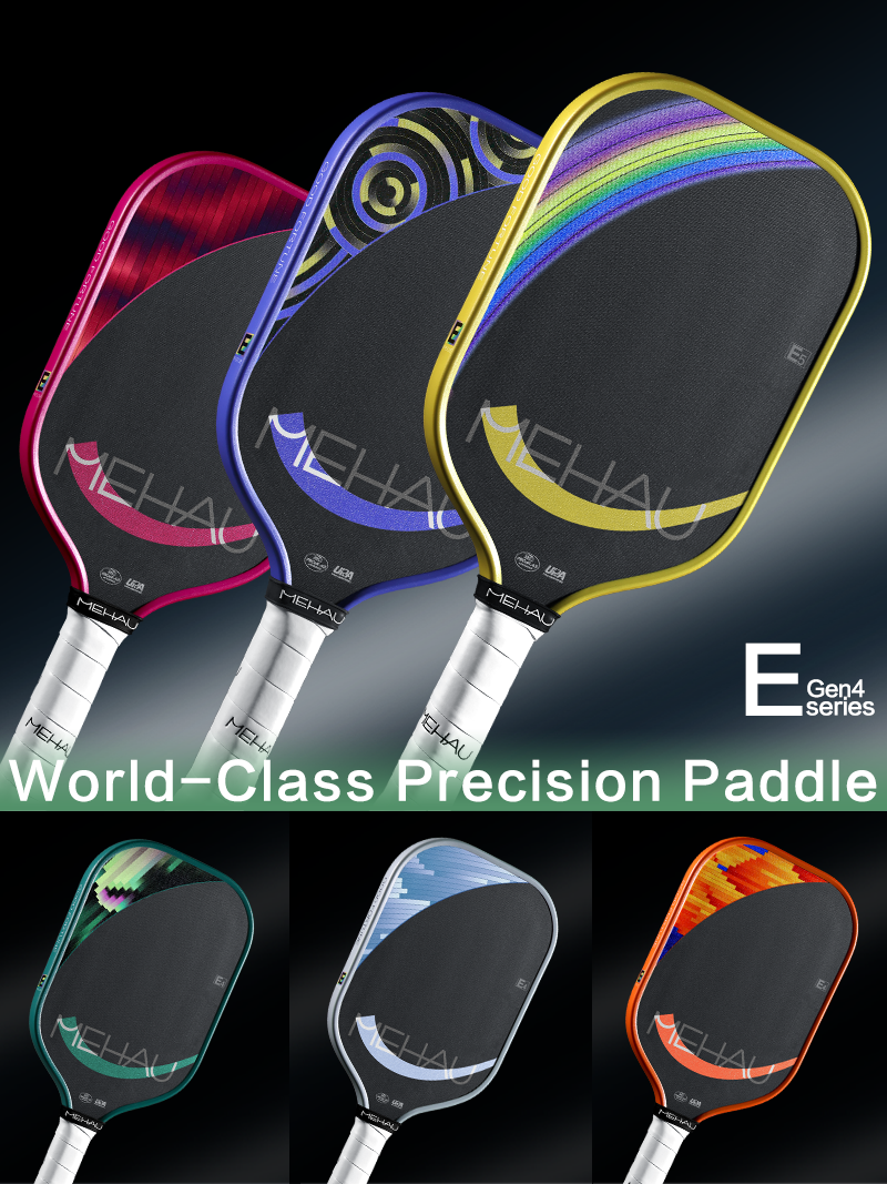 Set of MEHAU pickleball paddles with colorful designs on a black background
