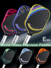 Set of MEHAU pickleball paddles with colorful designs on a black background