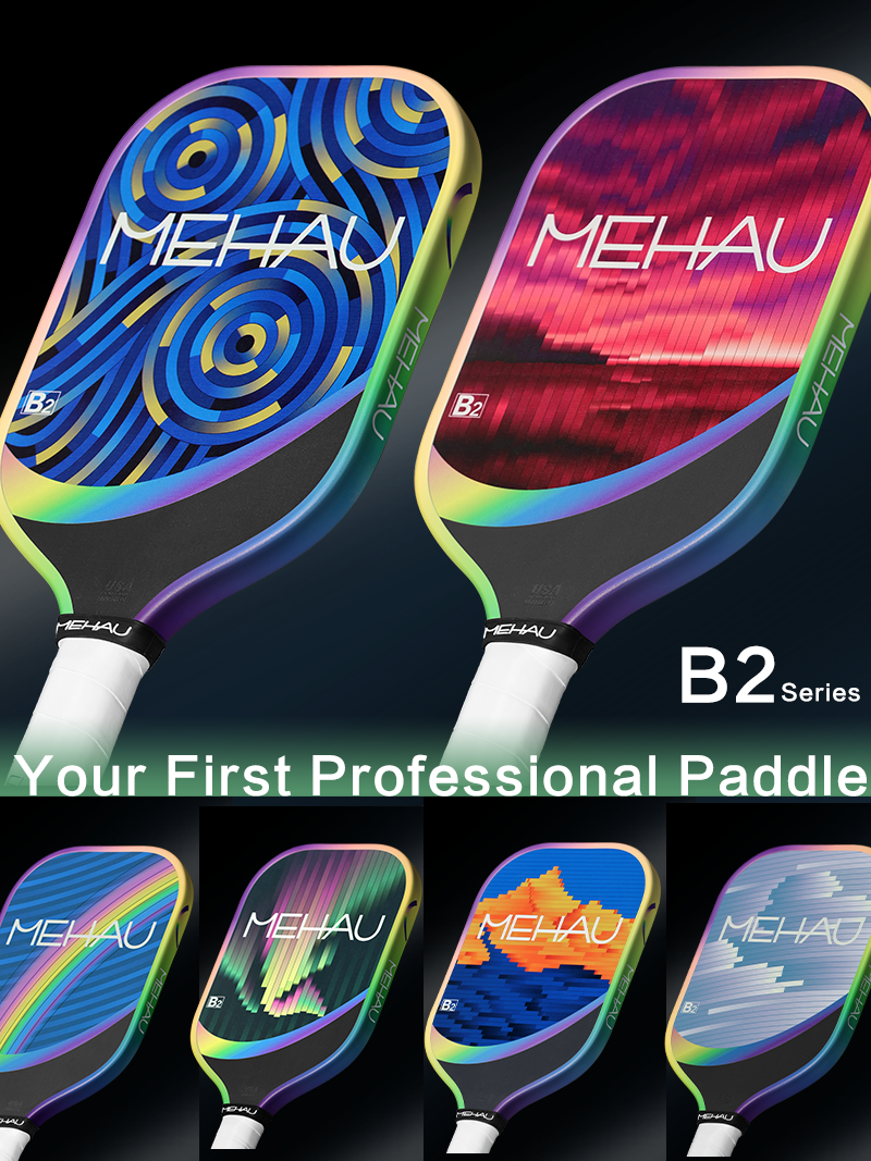 Colorful MEHAU B2 pickleball paddle with 'Your First Professional Paddle' text on a black background