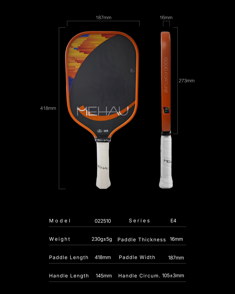 MEHAU E4 Precise Series Pickleball Paddle Specifications image with black background