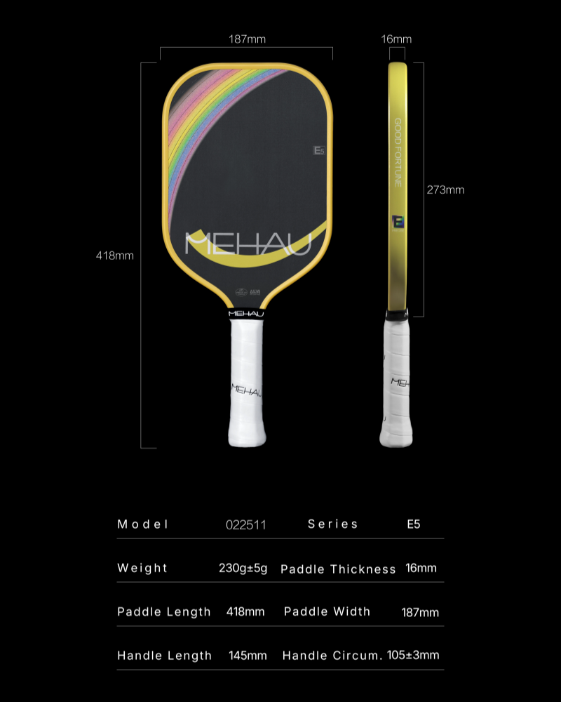 MEHAU E5 Precise Series Pickleball Paddle Specifications image with black background