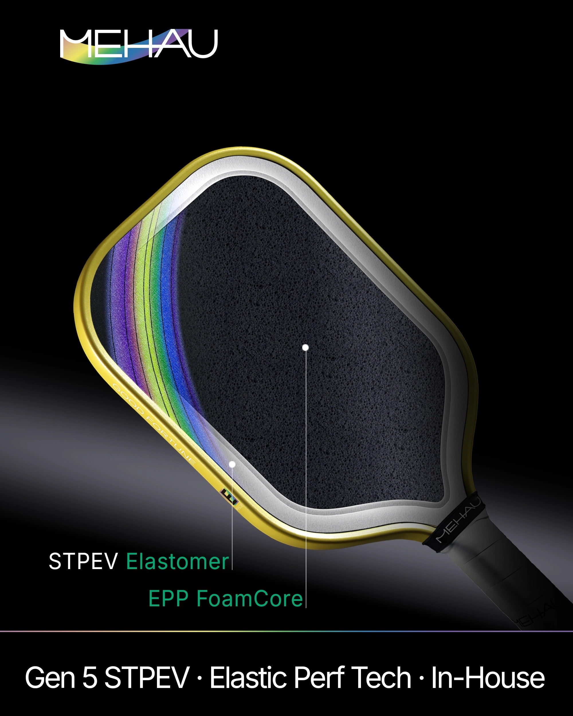 MEHAU E Series E4 & E5 Paddle Close-up of a MEHAAU pickleball paddle with technical details on a black background