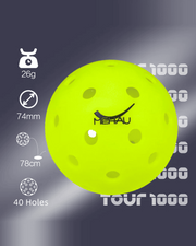 MEHAU Outdoor Pickleball Balls – 40 Holes with specifications with gray background