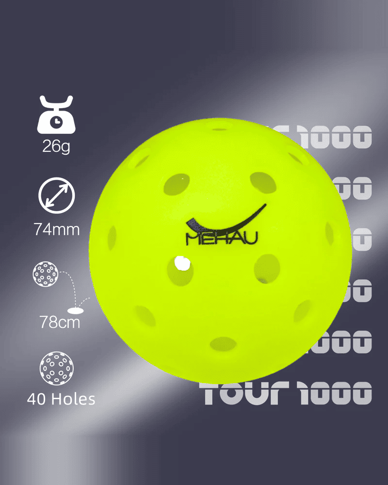 MEHAU Outdoor Pickleball Balls – 40 Holes with specifications with gray background