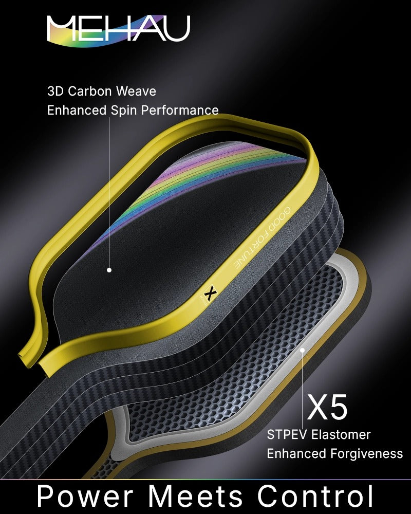 X5 Pickleball paddle 
3D Carbon Wearve Surface with MEHAU branding and technical specifications on a dark background