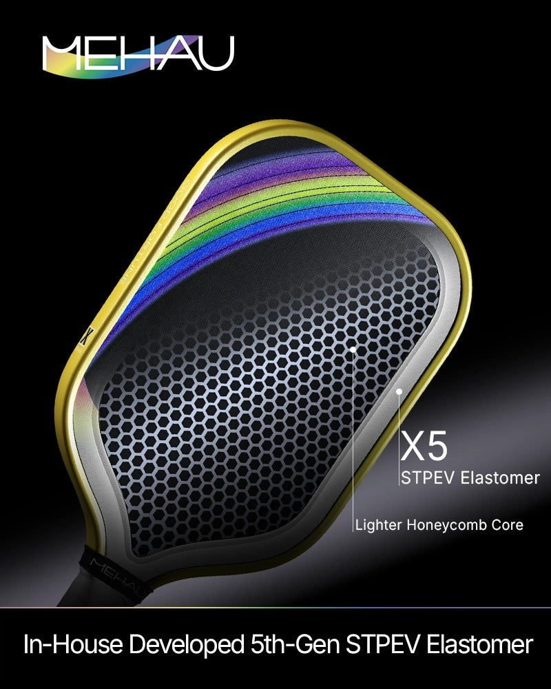 X5 Pickleball paddle in-house developed 5th-gen STPEV Elastomer with rainbow design and MEHAU branding on a black background 