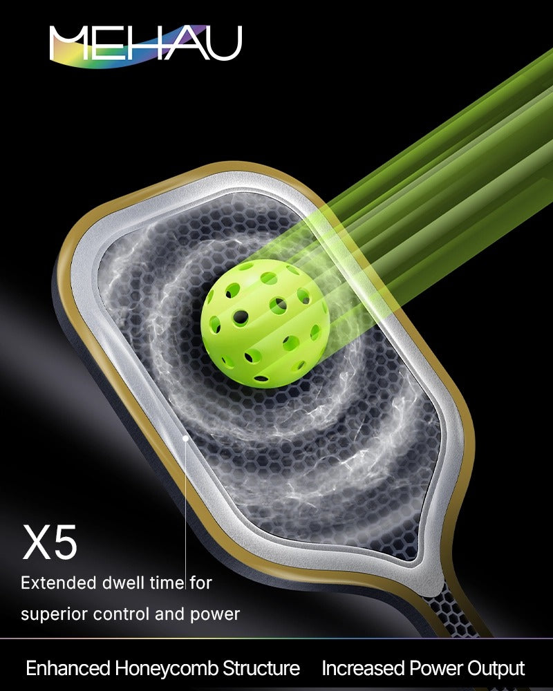 X5 Close-up of a pickleball paddle with a green ball, featuring the MEHAU brand.