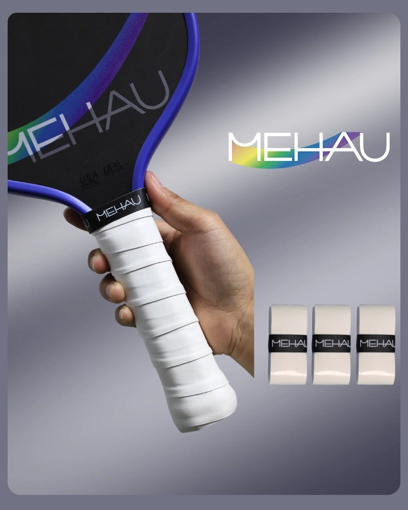 Pickleball paddle with MEHAU branding and three additional paddles displayed below on a gray background.