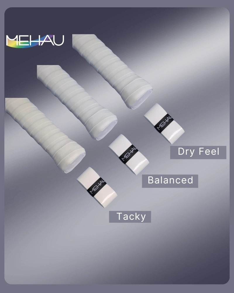 MEHAU Overgrip tapes with different textures on a gray background