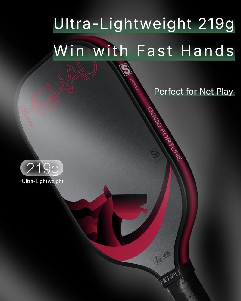 Racquet with text highlighting weight and suitability for net play on a dark background