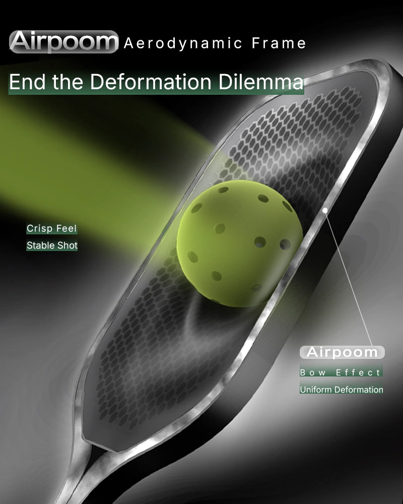 Squash racket with a green ball on a dark background, featuring Airpoon branding.
