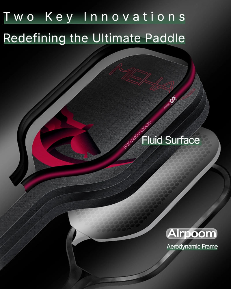 Paddle with 'MEHAU' branding on a dark background, featuring text about innovations and features.