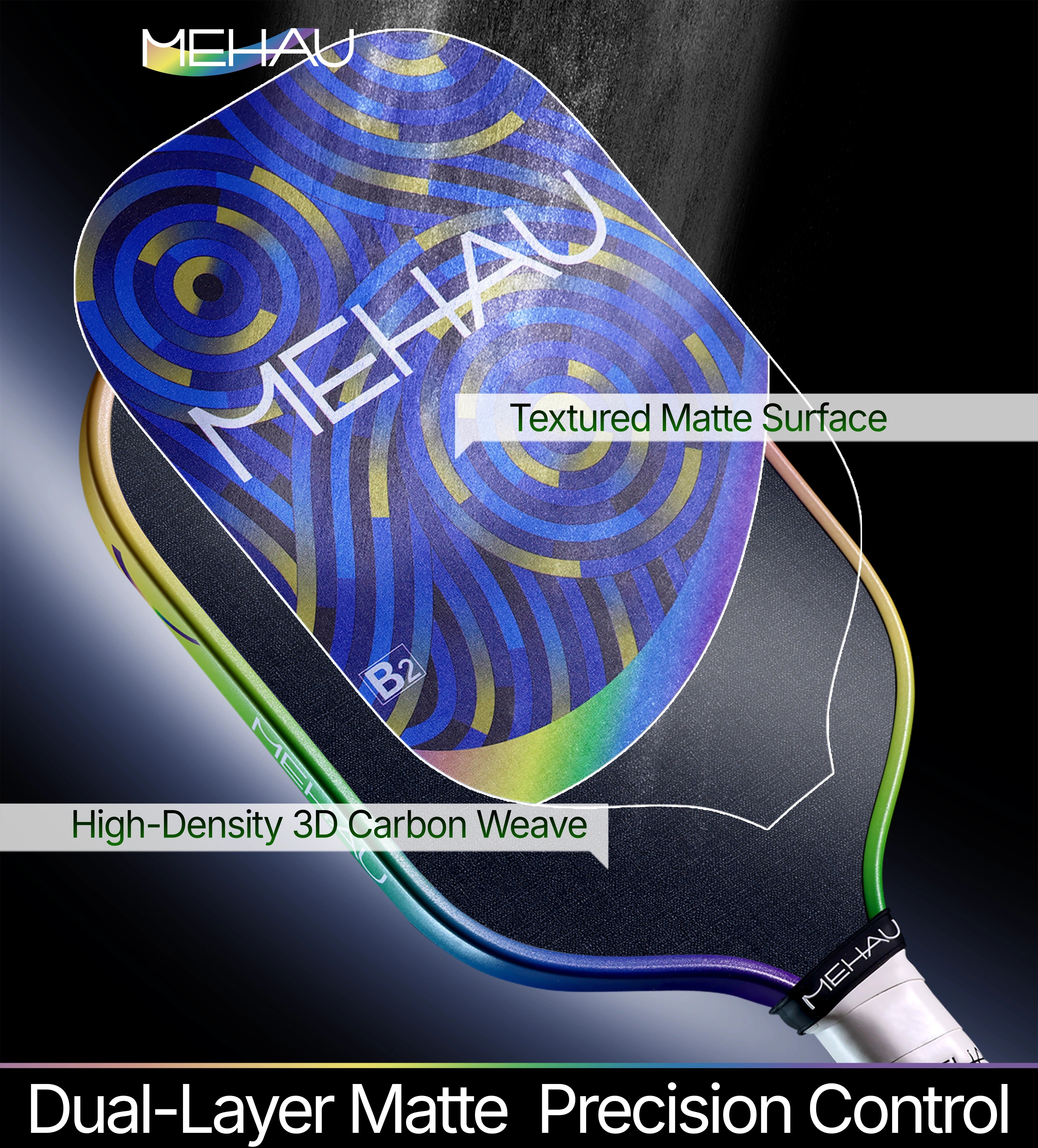 Mehau B2 First Profesional pickleball paddle with text highlighting features on a dark background